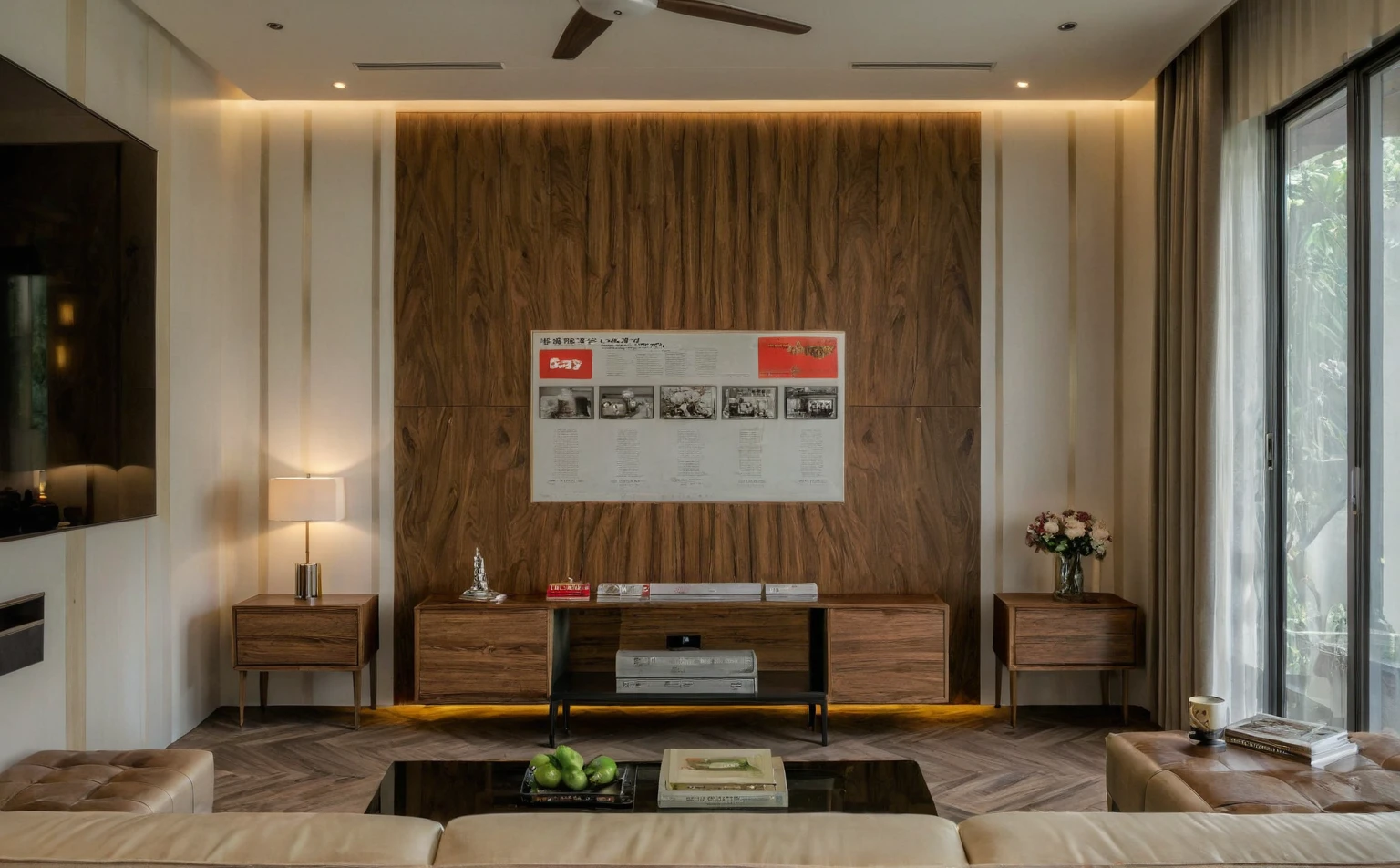Raw photo,Masterpiece, high quality, best quality, authentic, super detail, interior, indoors,  style Indochine modern, minimalist line, aiaigroup , wooden, walnut veneer wood, led light, white paint wall, sofa, BED RooM, day light, 