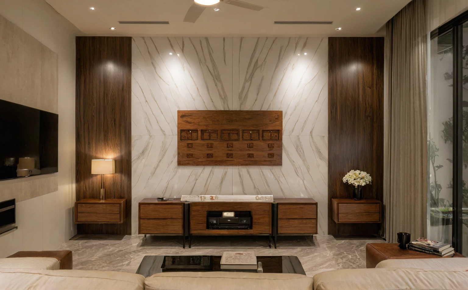 Raw photo,Masterpiece, high quality, best quality, authentic, super detail, interior, indoors,  style Indochine modern, minimalist line, aiaigroup , wooden, walnut veneer wood, led light, white paint wall, sofa, BED RooM, day light, 