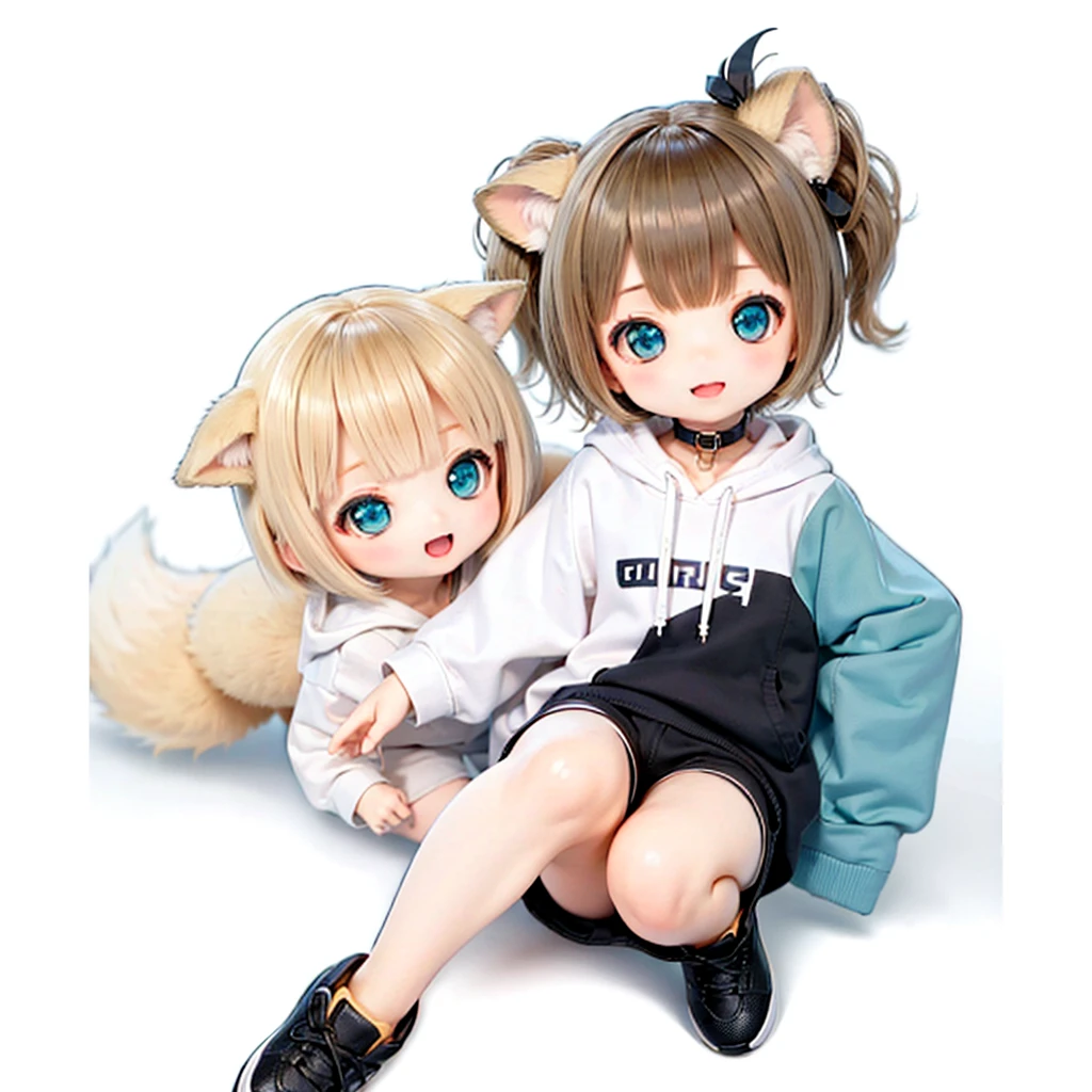 Shiba Inu Girl Chibi Run、delicate、detailed、high quality、high resolution、4K、high quality、Short Mash Hair、Short Hair、Blonde Hair Color、Turquoise Eyes、White hoodie、Black hot pants、Black sneakers、