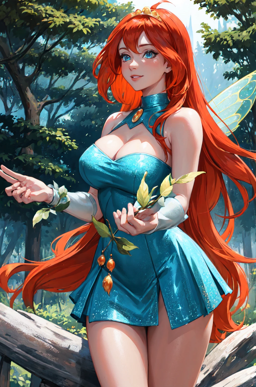 masterpiece, best quality, ultra-detailed, Bloom, milf, mature face, tall, thick, orange hair, blue eyes, bangs, long hair, fairy outfit, blue croptop, sleeveless, blue skirt, sparkling clothing, fairy wings, tiara, standing, smile, in the forest, cowboy shot, realistic, volumetric lighting, intricate details, tonemapping, sharp focus, hyper detailed, Hot cleavage, ???????????, 