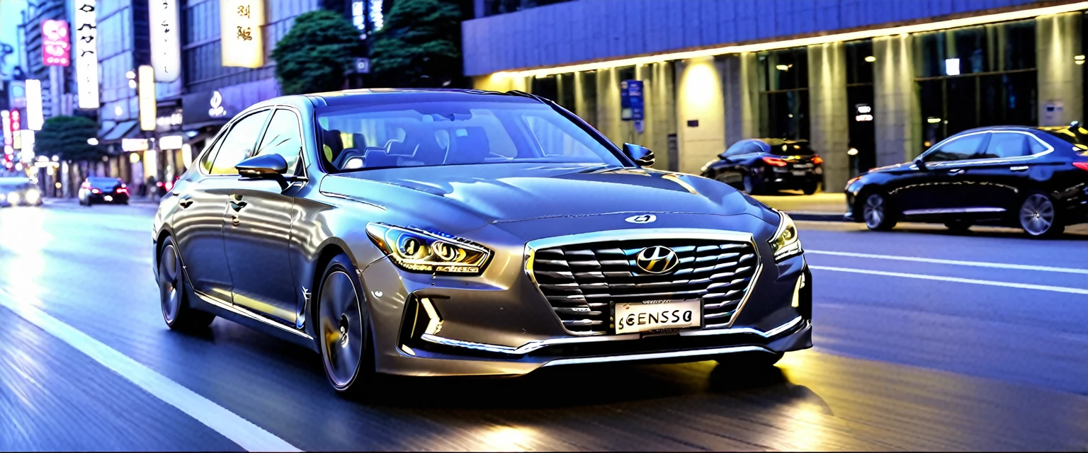 The front view of the car, with the Hyundai logo clearly visible, A Hyundai Genesis G90 car driving at night on the streets of Seoul, with speed motion graphics, long exposure effects, and 2D motion graphics to emphasize the sense of speed.