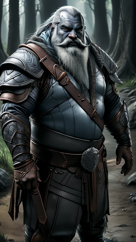 dwarf, chubby, bald, beard colored skin, dark skin, blue skin, grey skin, leather armor, druid,