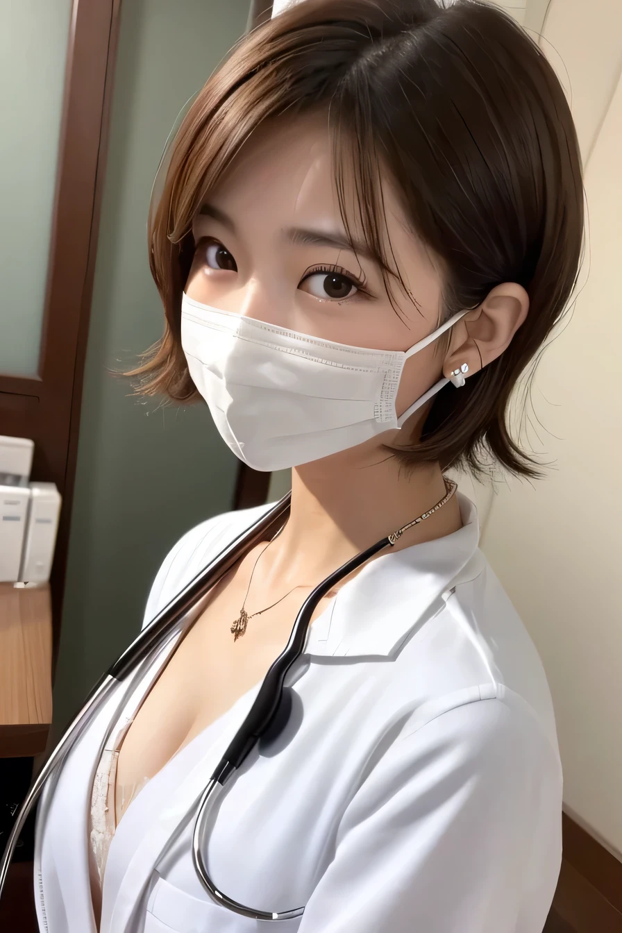 Beautiful young woman、 Japanese women、A little brown hair、Necklace around the neck、White、shirt、Cleavage、Stethoscope、Mask on mouth、short hair、Wavy Hair、Intricate details, Very detailed:1.2), 、 Looking into the camera,The background is the examination room...、ear piercing
