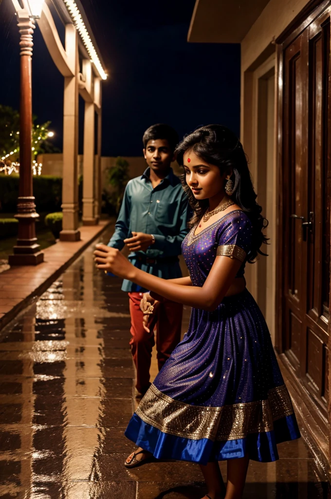 A indian girl in frock dancing with a indian boy in rainy night