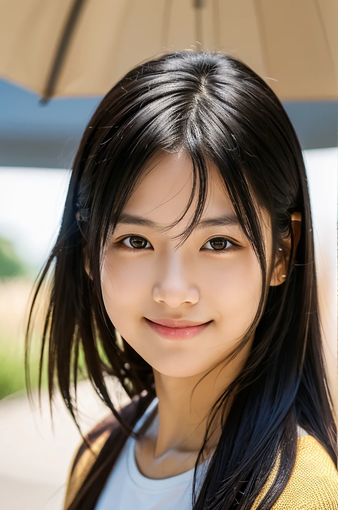 Portraiture, 8k, high quality, Realistic Photographic Images, 17 years old, Japanese women, Neat, small, Natural and realistic eyes, Beautiful black hair, long hair, light makeup, Octane Rendering, Beautiful lighting, Golden ratio composition, smile, Casual wear, Casual clothing, Natural background, Blurred Background