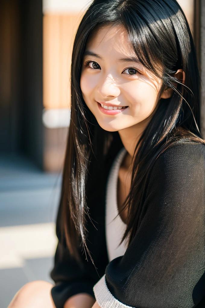 Portraiture, 8k, high quality, Realistic Photographic Images, , Japanese women, Neat, small, Natural and realistic eyes, Beautiful black hair, long hair, light makeup, Octane Rendering, Beautiful lighting, Golden ratio composition, smile, Casual wear, Casual clothing, Natural background, Blurred Background