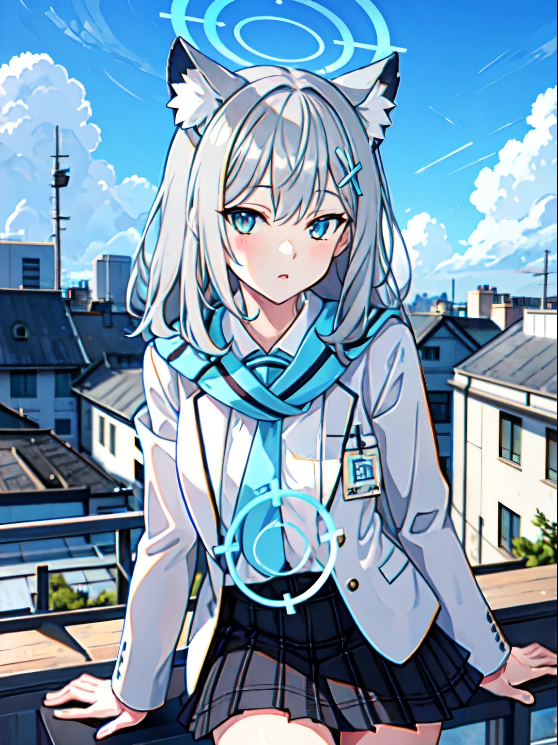 shiroko \(blue archive\), ((Highest quality)), ((masterpiece)), (detailed), Perfect Face, Perfect Arms, anime, Ultra-fine illustration, ((One girl)), school unifrom, skirt, Animal ears, Halation, blue sky, ((School rooftop)), field, Glowing Skin, reflection, 