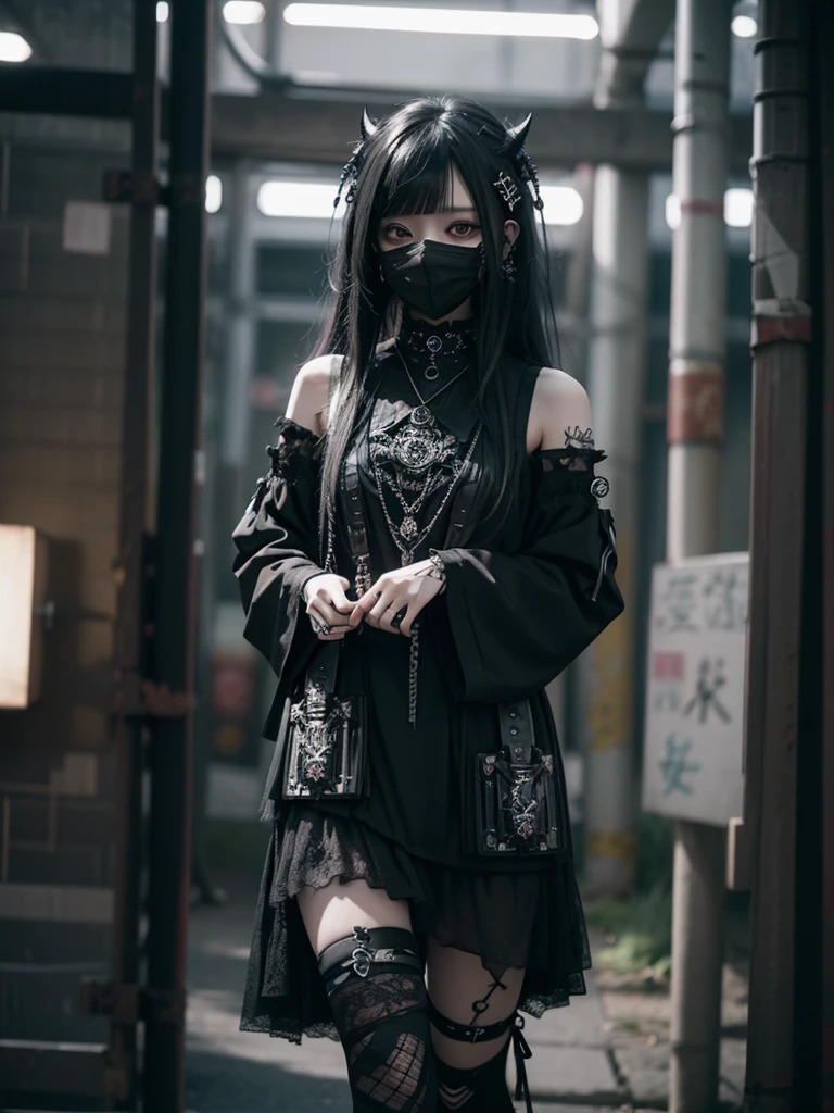Highest quality、8K、masterpiece：1.3、Gothic Punk、The inside color is red、Black-haired、hair ornaments、Beautiful girl、creative、Dark Fantasy Style、Neogoth、Goth Fashion：1.2、High resolution、masterpiece、Highest quality、頭w:1.3、((Hasselblad Photos))、Fine skin、Sharp focus、(Cinematic lighting)、Realistic textured hair、((Black Mask)),Esbian all over、((View from below))