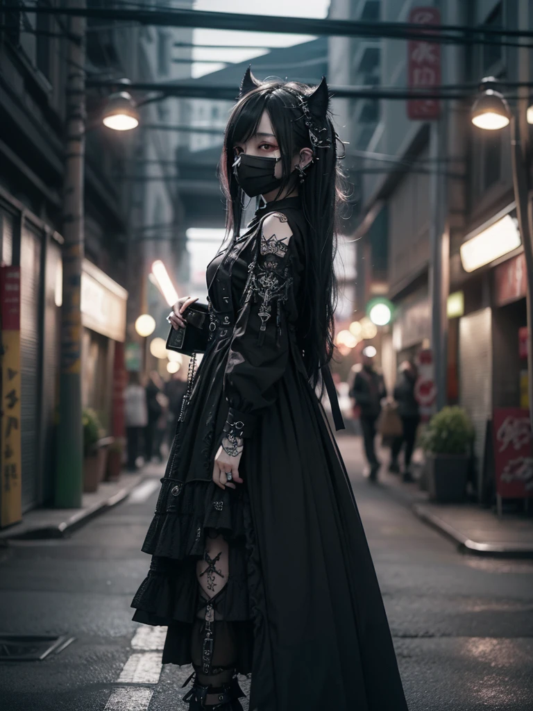 Highest quality、8K、masterpiece:1.3、Gothic Punk、The inside color is red、Black-haired、hair ornaments、Beautiful girl、creative、Dark Fantasy Style、Neogoth、Goth Fashion:1.2、High resolution、masterpiece、Highest quality、頭w:1.3、((Hasselblad Photos))、Fine skin、Sharp focus、(Cinematic lighting)、Realistic textured hair、((Black Mask)),Esbian all over、((View from below))