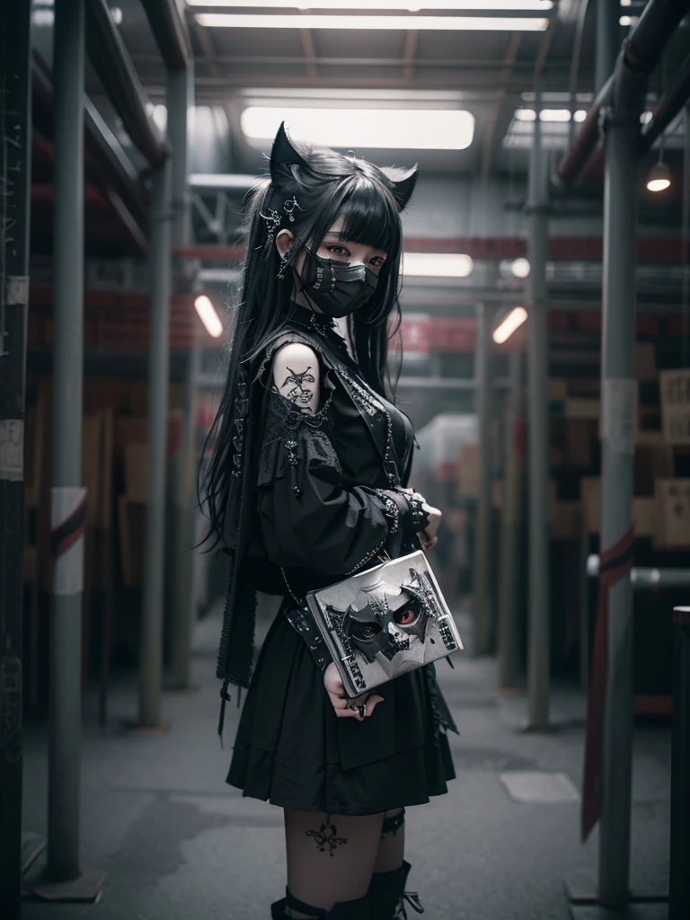 Highest quality、8K、masterpiece:1.3、Gothic Punk、The inside color is red、Black-haired、hair ornaments、Beautiful girl、creative、Dark Fantasy Style、Neogoth、Goth Fashion:1.2、High resolution、masterpiece、Highest quality、頭w:1.3、((Hasselblad Photos))、Fine skin、Sharp focus、(Cinematic lighting)、Realistic textured hair、((Black Mask)),Esbian all over、((View from below))