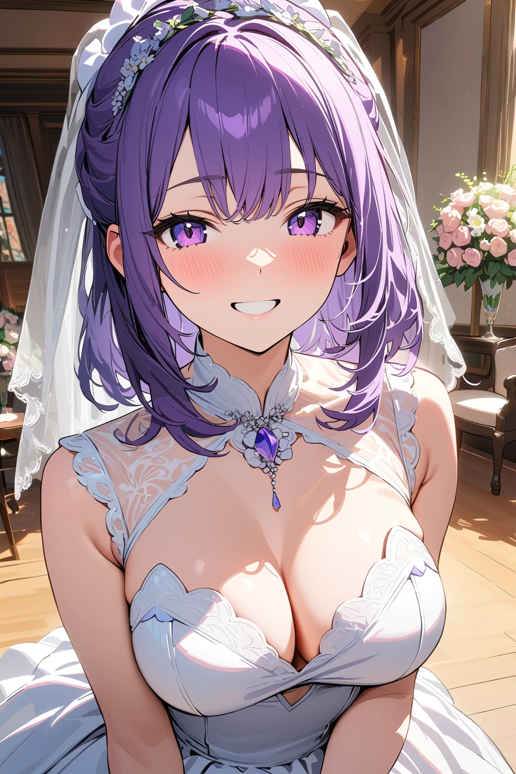(masterpiece, best quality:1.5), (ultra detailed, high resolution, 8k, beautiful detailed, UHD, best ), 1 cute girl, purple hair, , wedding dress, bridal veil, flower, wedding hall, Happy face