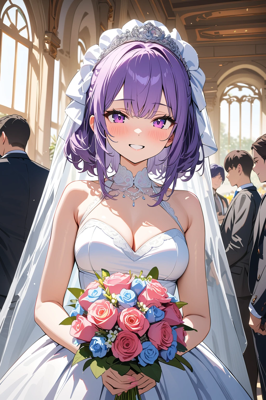 (masterpiece, best quality:1.5), (ultra detailed, high resolution, 8k, beautiful detailed, UHD, best anatomy), 1 cute girl, purple hair, medium breasts, wedding dress, bridal veil, flower, wedding hall, Happy face