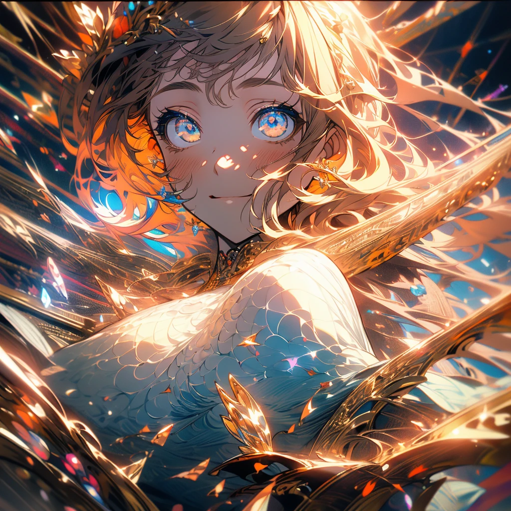 (Beautiful and aesthetic:1.2)、(1 Girl:1.3)、(Brown color hair:1.2)、Wearing a wedding dress、Gypsophila、miracle、happinessそうなsmile、smile、happiness、Gypsophilaが咲き誇る、Fantastic space、(masterpiece, Highest quality, Highly detailed CG, Beautiful fine details, Super detailed, Intricate details:1.2), 8k wallpaper, Elaborate features, (One girl, alone:1.4), Long Hair, Striped Hair, Fairy, View Viewer, Brown-colored eyes, Earrings, Mysterious,white flame,