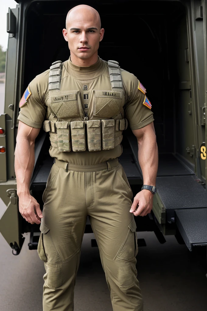((8k ((best quality)), ((masterpiece)), (very detailed), real face bald male muscular male full body wear soldier suit stand by military truck
