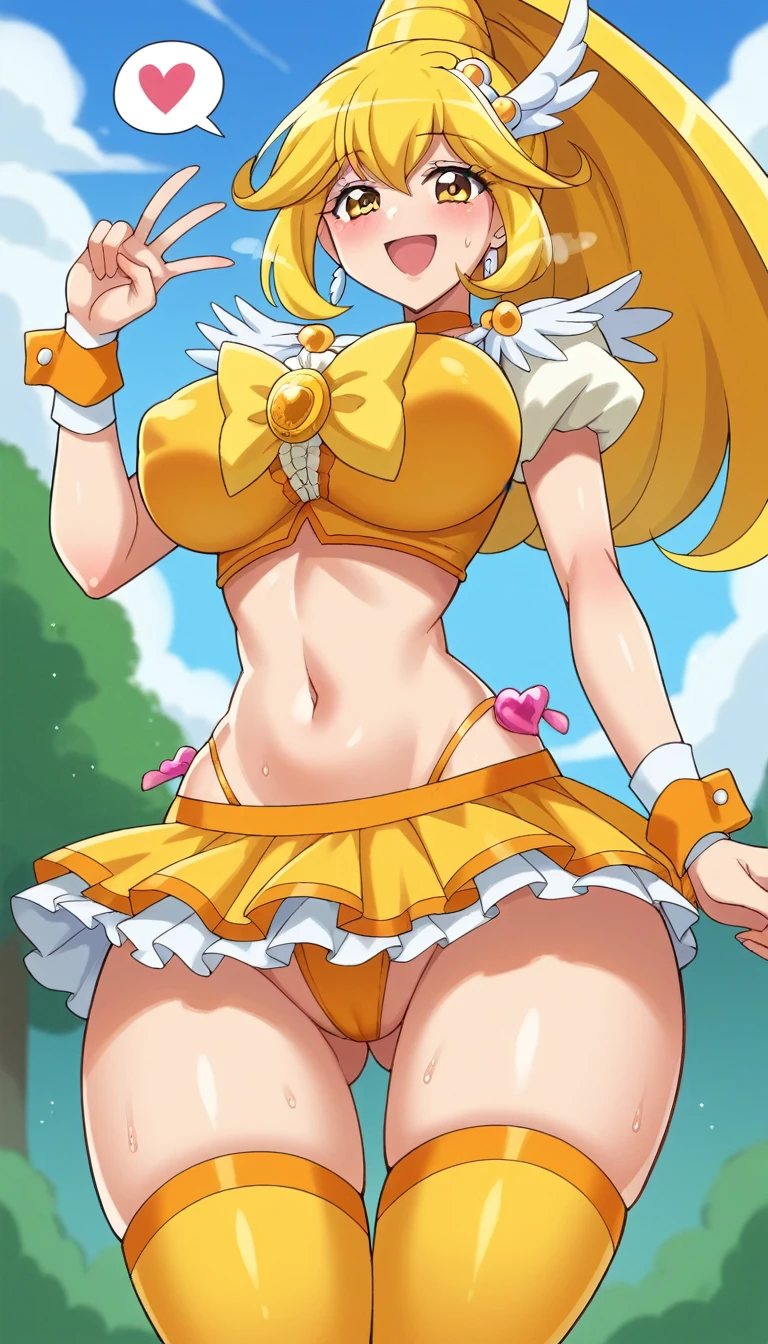 score_9, score_8_up, score_7_up, outdoor,
BREAK
source_anime, 
BREAK
1girl, curepeace, yellow hair, elect big nipple, huge breasts, happy,  spoken heart, 
yellow magical girl, navel, wing hair ornament, cropped top, frilled wrist cuffs, friled skirt, thighhighs, thong,
tall, leggy, glistened skin, oiled skin, shiny skin, heavy breathing, wide hips, tight waist, thick thighs,
contrapposto, 
looking_at_viewer,