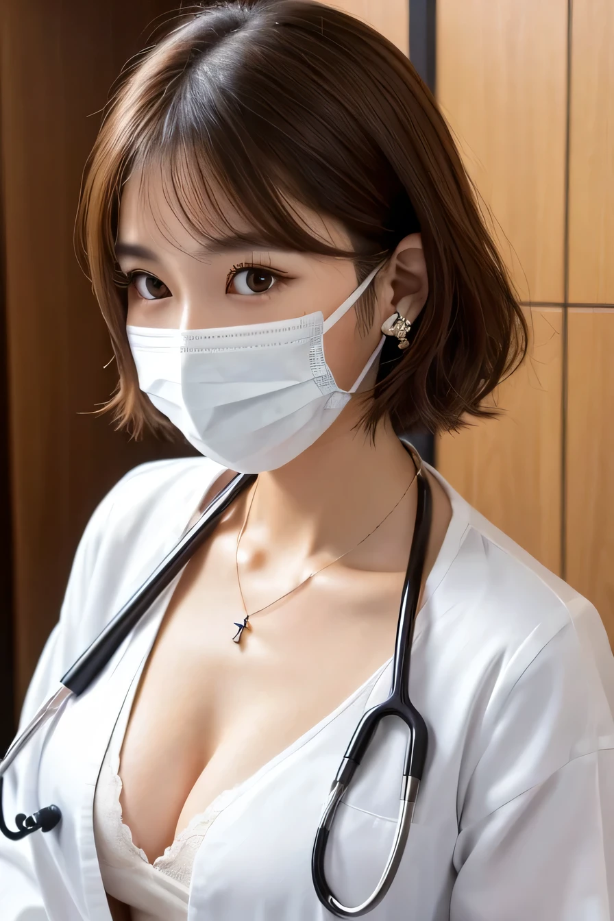 Beautiful young woman、 Japanese women、A little brown hair、Necklace around the neck、White、shirt、Cleavage、Stethoscope、Mask on mouth、short hair、Wavy Hair、Intricate details, Very detailed:1.2), 、 Looking into the camera,The background is the examination room...、ear piercing