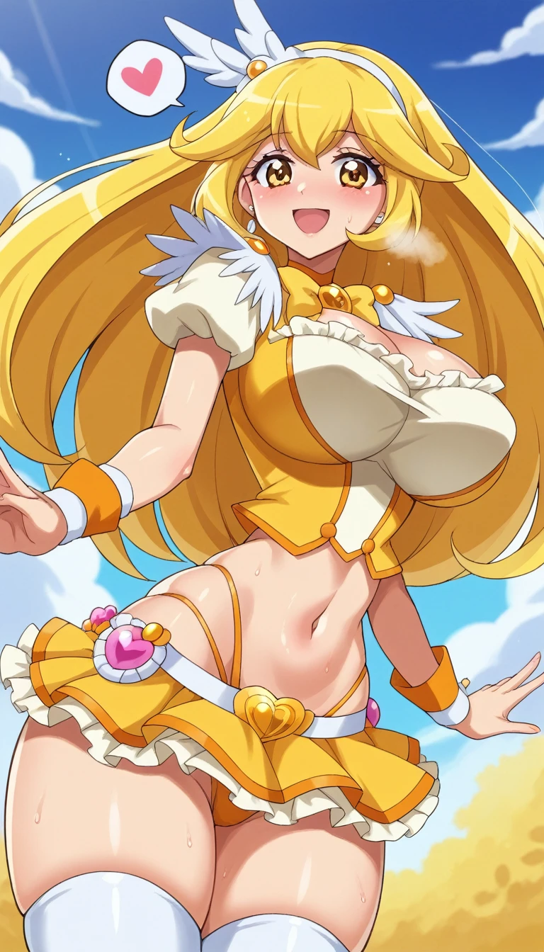 score_9, score_8_up, score_7_up, outdoor,
BREAK
source_anime,
BREAK
1girl, curepeace, yellow hair, elect big , huge breasty, spoken heart,
yellow magical girl, navel, wing hair ornament, cropped top, frilled wrist cuffs, friled skirt, thighhighs, thong,
tall, leggy, glistened skin, oiled skin, shiny skin, heavy breathing, wide hips, tight waist, thick thighs,
contrapposto,
looking_at_viewer,