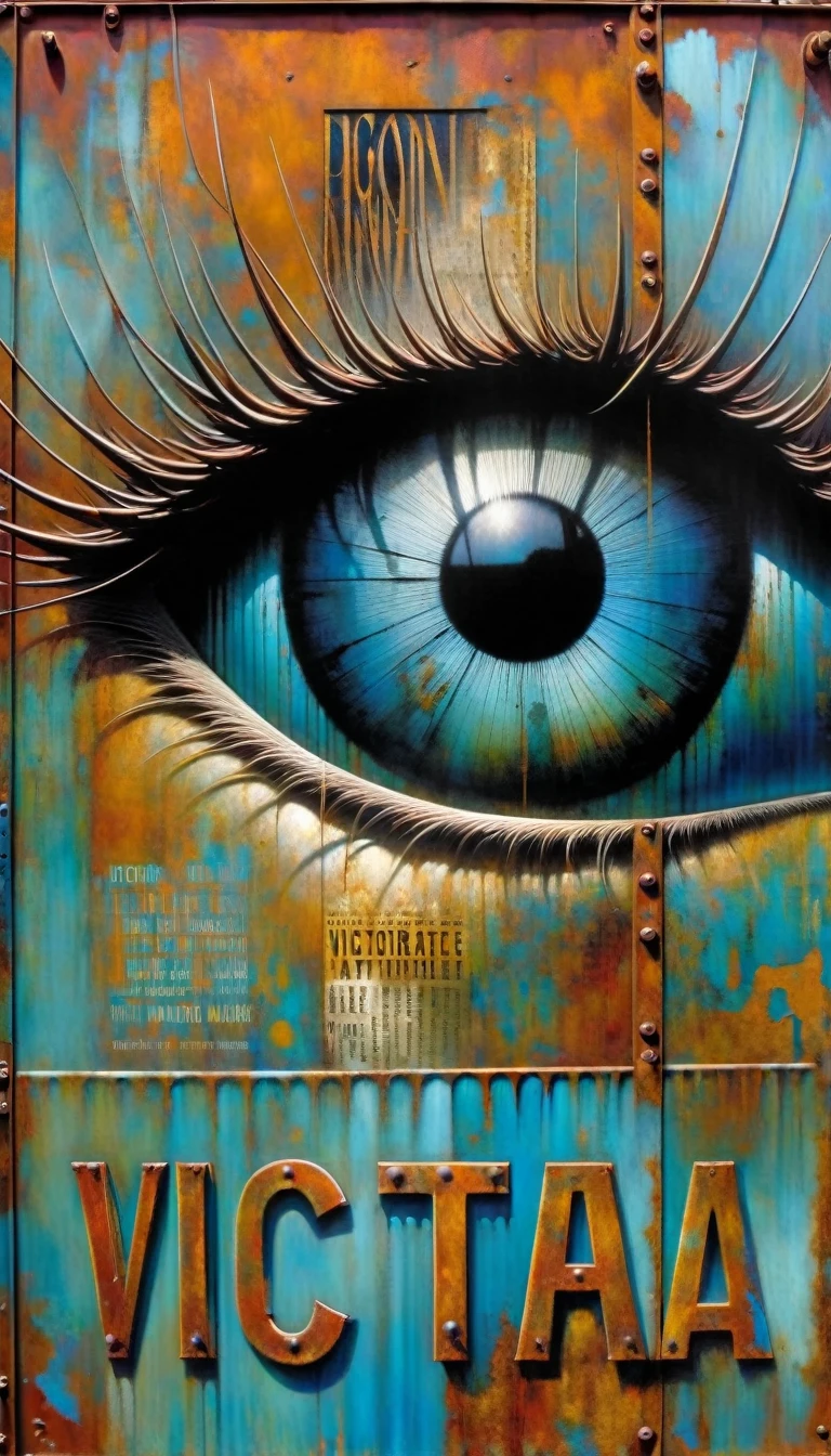 advertising billboard in a desert of rusty metal, some rusty blue metal letters cover it, eyes come out from behind the sheet ((the text is:"VICTOR OLANO"))(art inspired by Dave Mckean, details intricate, oil painting)
