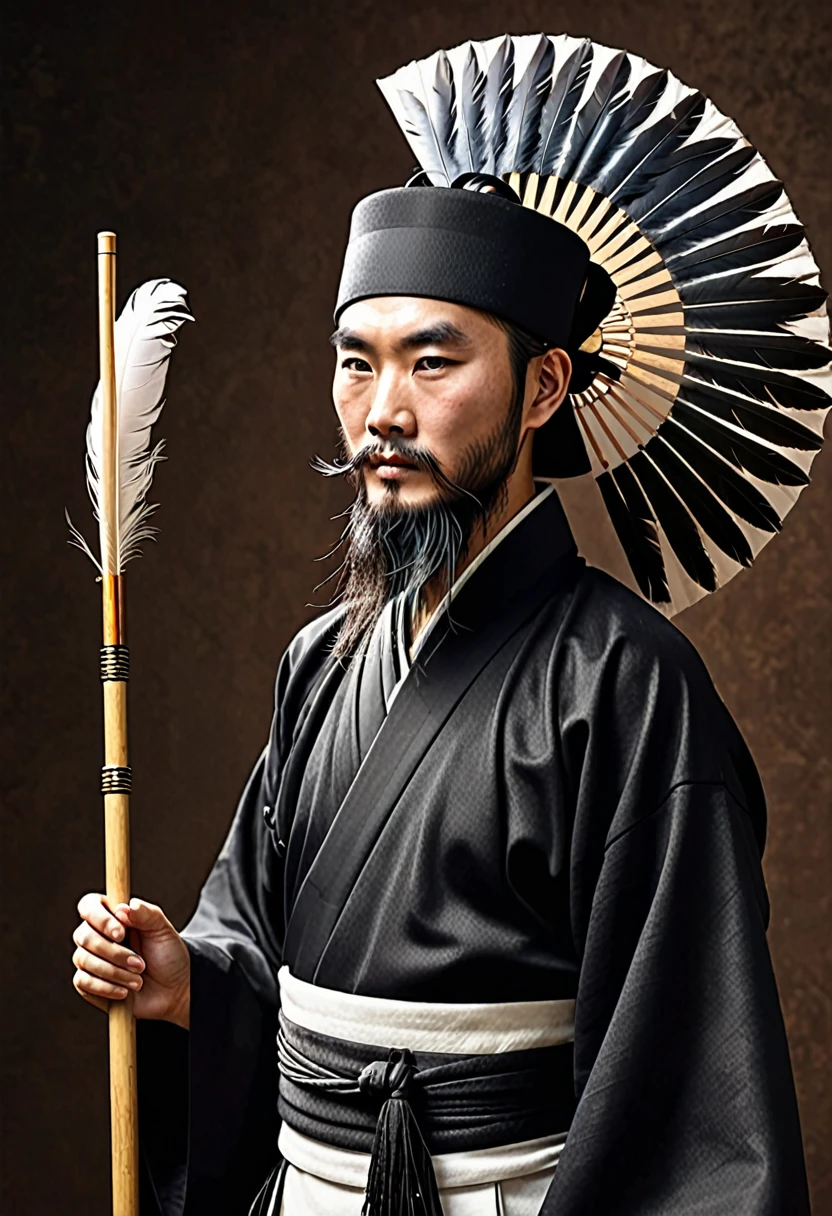 alone、Oriental、Ancient Chinese man in black costume、Highest quality、masterpiece、Ultra-high resolution、(Realistic:1.4)、Game Poster、Crisp and beautiful image quality、Bearded Man,Ancient Chinese hairstyle with a large plain white beret loosely covering the head like a turban、((Feather fan(Handle Feather Fan)、(Wooden handle)、(It is made of many black feathers)Holding))、