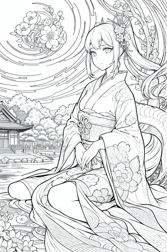 Obra maestra, superlativo,solamente, Dragon cute , flower line drawing background, fondo blanco, monocromo, line drawing, ((bosquejo)), spooky, white eyes, Please create a simple monochrome coloring book that even a can do, depicting a realistic and cute ukiyo-e illustration of a girl in a kimono, in various poses, with a Japanese garden in the background, that conveys Japanese culture.