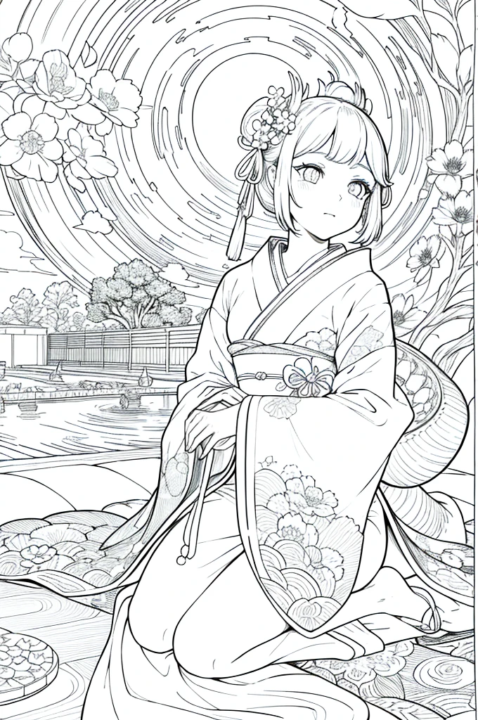 Obra maestra, superlativo,solamente, Dragon cute , flower line drawing background, fondo blanco, monocromo, line drawing, ((bosquejo)), spooky, white eyes, Please create a simple monochrome coloring book that even a can do, depicting a realistic and cute ukiyo-e illustration of a girl in a kimono, in various poses, with a Japanese garden in the background, that conveys Japanese culture.