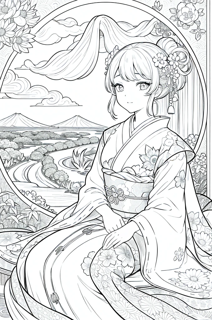 Obra maestra, superlativo,solamente, Dragon cute , flower line drawing background, fondo blanco, monocromo, line drawing, ((bosquejo)), spooky, white eyes, Please create a simple monochrome coloring book that even a can do, depicting a realistic and cute ukiyo-e illustration of a girl in a kimono, in various poses, with a Japanese garden in the background, that conveys Japanese culture.