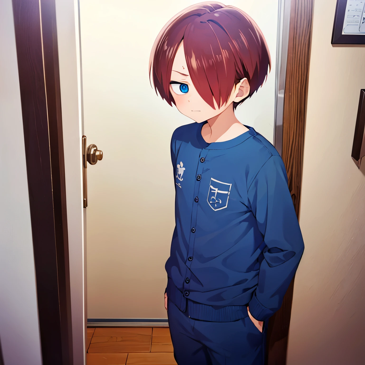 1boy, solo, male focus, kyoutarou_ichikawa, red hair, blue eyes, short hair, hair over one eye, bangs, Standing,Blue pajamas, Peeking behind the door, at night,night