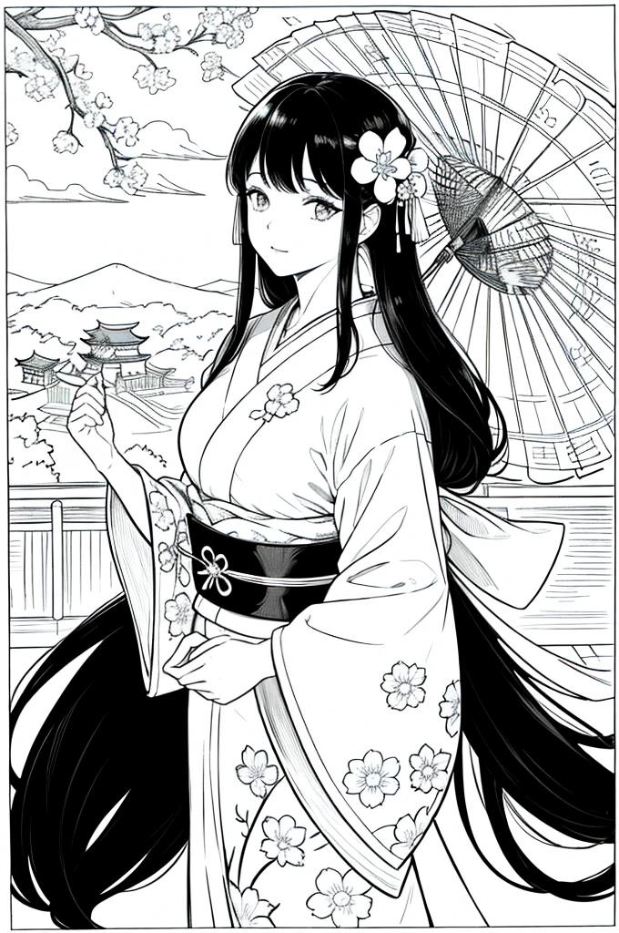 As a coloring book, the color should be black and white, the border should be simple, clear, and bold. [Girl with long black hair] wearing a [kimono with cherry blossom pattern] visiting [Kiyomizu-dera temple] in Kyoto, Japan, with [sakura hair ornaments]