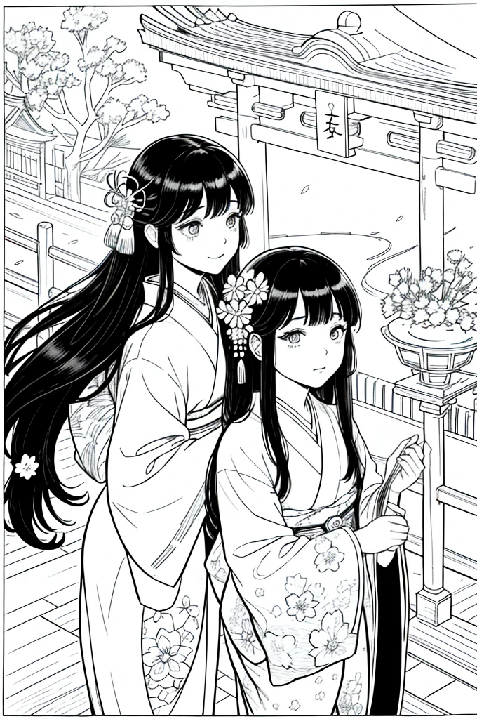 As a coloring book, the color should be black and white, the border should be simple, clear, and bold. [Girl with long black hair] wearing a [kimono with cherry blossom pattern] visiting [Kiyomizu-dera temple] in Kyoto, Japan, with [sakura hair ornaments]