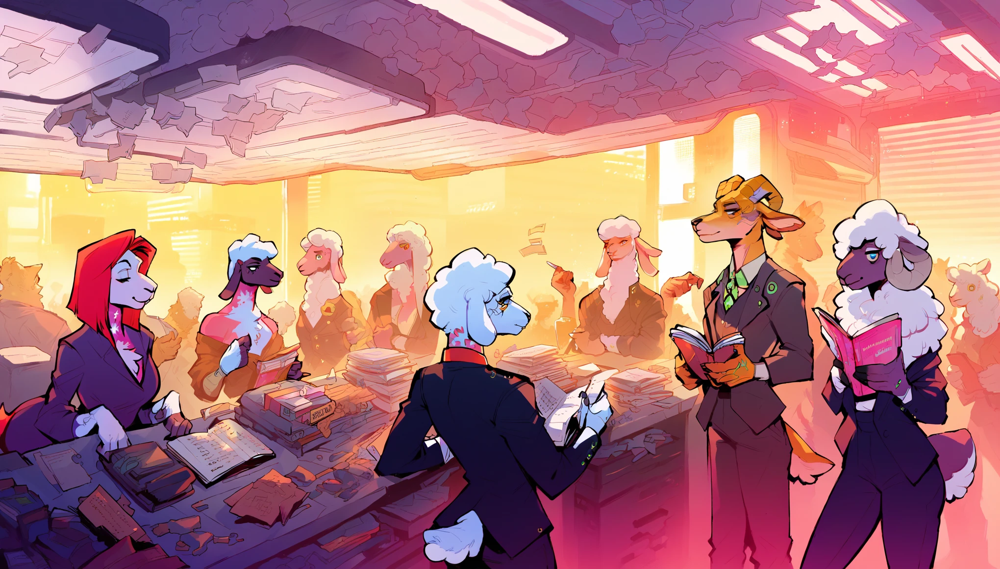 score_9, score_8_up, score_7_up, (cyberpunk city, governments office, work cabinet, windows on background:1.5),
((Furry), anthro, (president governments crew), group, 2others, standing, crowd, (reading papers:1.2), ((wearing business suit, president)), ((sheep fur)), beautiful, (have cyberpunk-style additions:1.35)