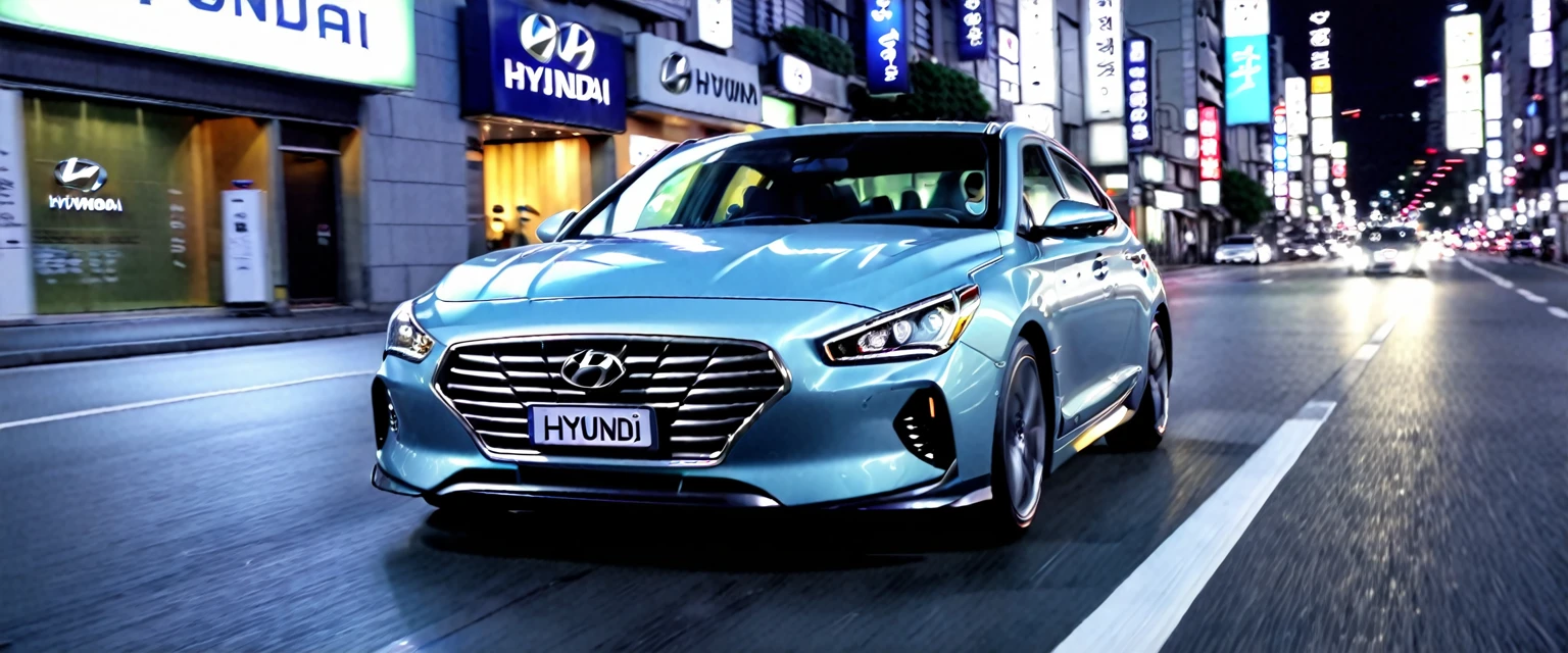 The front view of the car, with the Hyundai logo clearly visible, A Hyundai car driving at night on the streets of Seoul, with speed motion graphics, long exposure effects, and 2D motion graphics to emphasize the sense of speed.