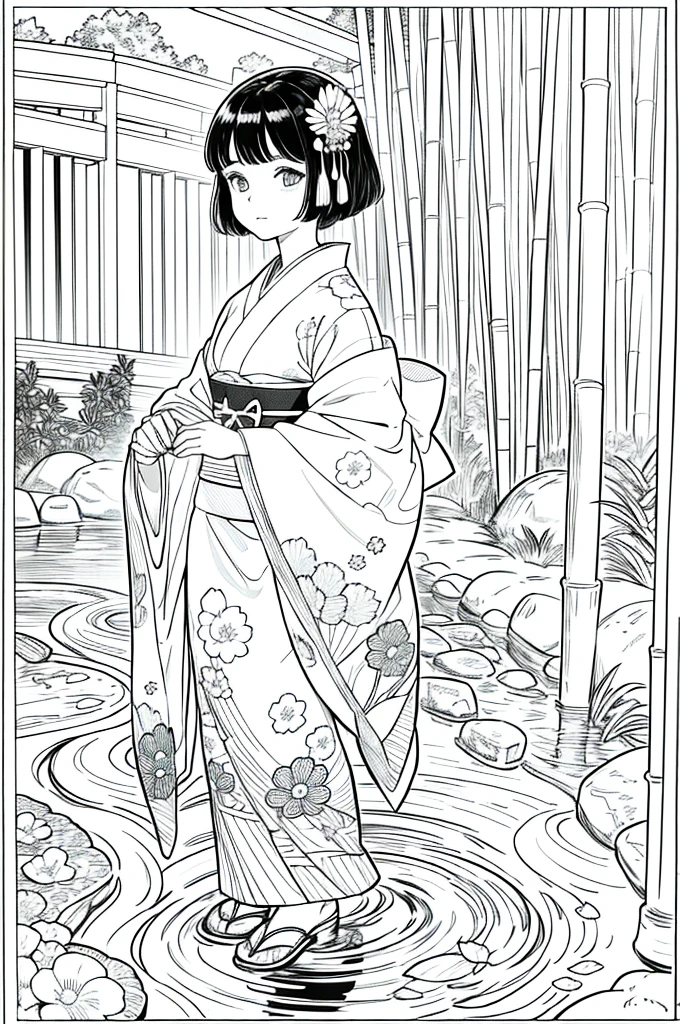 As a coloring book, the color should be black and white, the border should be simple, clear, and bold. [Girl with short brown hair] wearing a [kimono with koi fish pattern] strolling through the [Arashiyama Bamboo Forest] in Kyoto, Japan, with [kanzashi hair ornaments]