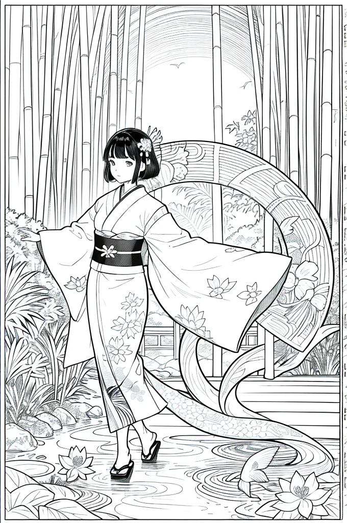 As a coloring book, the color should be black and white, the border should be simple, clear, and bold. [Girl with short brown hair] wearing a [kimono with koi fish pattern] strolling through the [Arashiyama Bamboo Forest] in Kyoto, Japan, with [kanzashi hair ornaments]