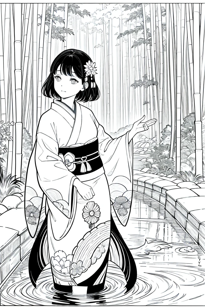 As a coloring book, the color should be black and white, the border should be simple, clear, and bold. [Girl with short brown hair] wearing a [kimono with koi fish pattern] strolling through the [Arashiyama Bamboo Forest] in Kyoto, Japan, with [kanzashi hair ornaments]