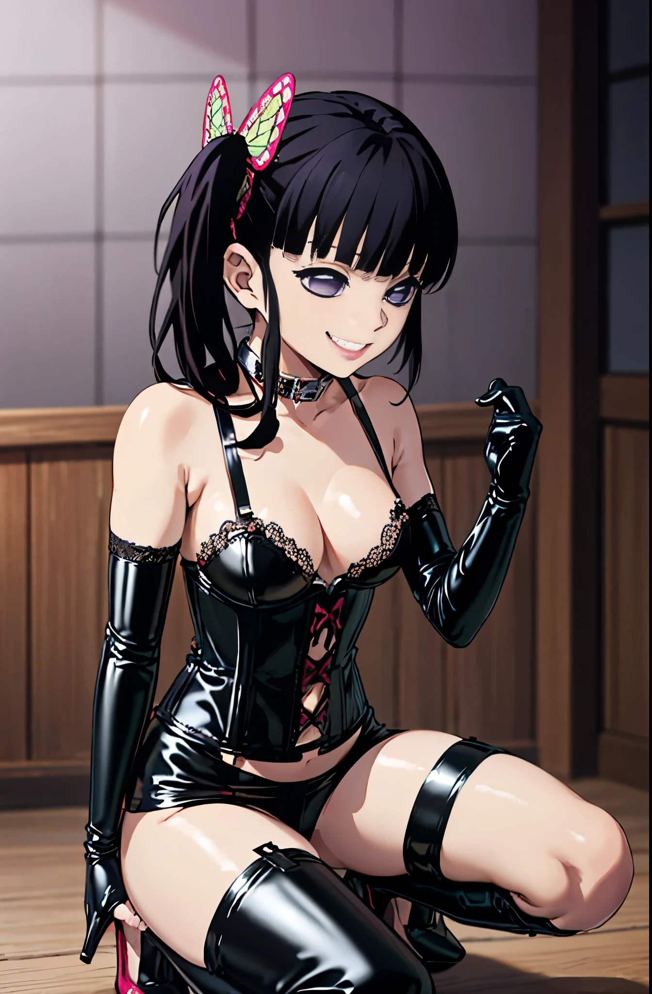 Yankee sitting、Poop sitting、(((Wide-open legsでしゃがむ)))、(((Squat with your legs spread in an M-shape)))、BDSM、Queen、mistress、(((One girl)))、solo:1.8、(((Black latex elbow gloves:1.4 )))、(((Black latex corset dress:1.4)))、(((The corset dress is decorated with beautiful lace.)))、(((Corset dress with shoulder straps)))、(((Black latex tight mini skirt:1.4)))、(((Black Thigh Boots)))、(((Black fishnet stockings:1.2 )))、(((Stiletto heels:1.4)))、(((Black latex panties)))、(((Black latex bra)))、(((Black leather collar)))、(((Sexy pose:1.4 )))、Wide-open legs:1.2、(((Erotic)))、(((Cowboy Shot)))、(((Purple eyes)))、Expressionless、(((Full Body Shot)))、(masterpiece)、(Highest quality)、High resolution、 High resolution、完璧なmasterpiece、Highest quality、Soft and dim lighting、Good lighting、8K、wallpaper、Side lighting、Perfect lighting、Focus Only、Shiny skin、Detailed eyes and face、プロの写真撮Shadow照明、((look forward to:1.2))、((Upper Body:1.2))、Highest quality、Natural light、 Shadow、(Focal length blur:1.4)、(masterpiece, Highest quality, Familiar), 1 Girl, alone, Looking at the audience, Kanadev, Purple eyes, Black Hair, Long Hair, blunt bangs, bangs, hair ornaments, bug, butterfly, (Side Ponytail), butterflyのhair ornaments,in the forest、wood々のwood洩れ日、Staring at the audience:1.8、(((smirk)))