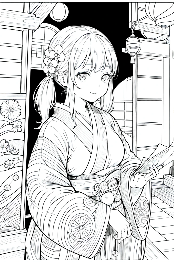 As a coloring book, the color should be black and white, the border should be simple, clear, and bold. [Girl with pigtails] wearing a [kimono with waves pattern] holding a [paper lantern] at the [Gion Matsuri festival] in Kyoto, Japan, with [sakura hair clips]