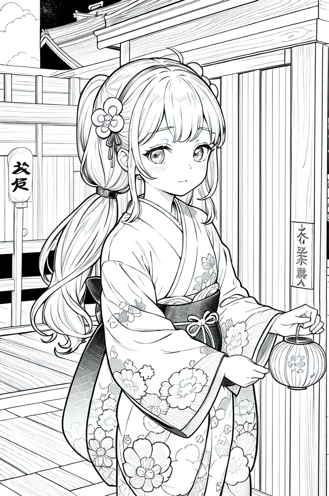 As a coloring book, the color should be black and white, the border should be simple, clear, and bold. [Girl with pigtails] wearing a [kimono with waves pattern] holding a [paper lantern] at the [Gion Matsuri festival] in Kyoto, Japan, with [sakura hair clips]
