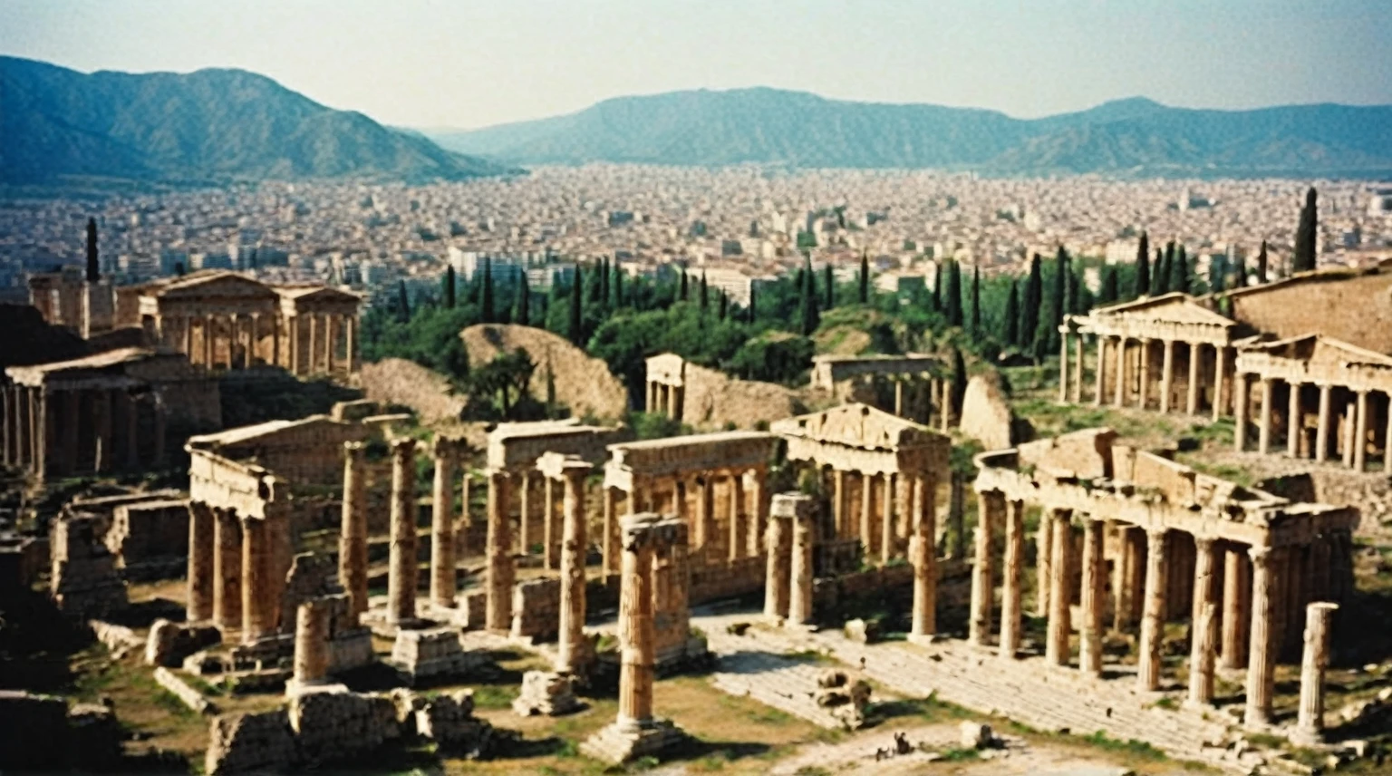 grainy old 35mm vintage, there is a large ancient roman-empire city with dinosaurs and people, Ancient Greece Olympus Zeus-god appearing in god-ray, vast scenery