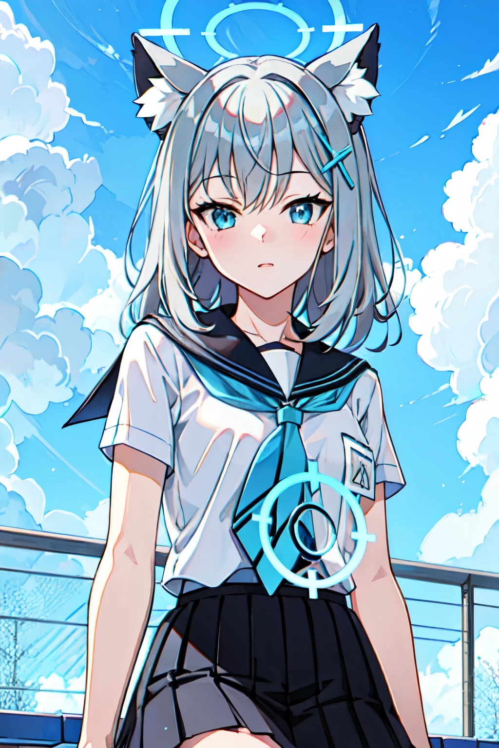 shiroko \(blue archive\), ((Highest quality)), ((masterpiece)), (detailed), Perfect Face, Perfect Arms, anime, Ultra-fine illustration, ((One girl)), , skirt, Animal ears, Halation, blue sky, ((School rooftop)), field, Glowing Skin, reflection, 