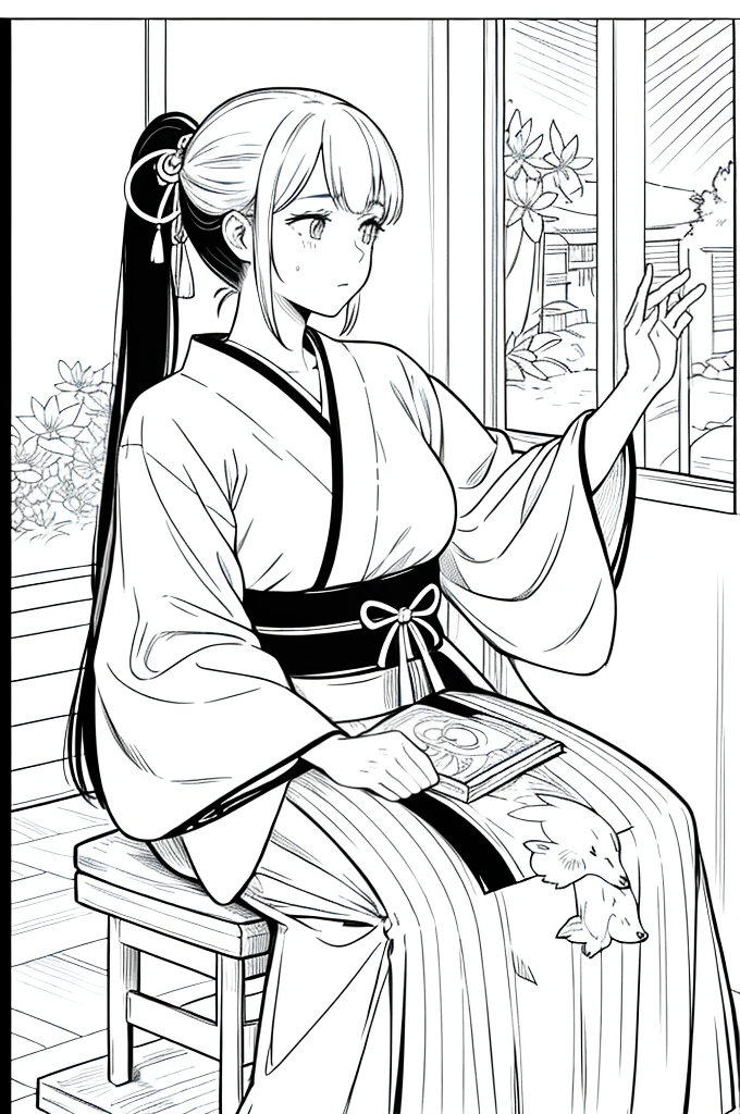 As a coloring book, the color should be black and white, the border should be simple, clear, and bold. [Girl with a ponytail] wearing a [kimono with fox pattern] practicing [kendo] in a [dojo], with [hair ties decorated with fox charms]