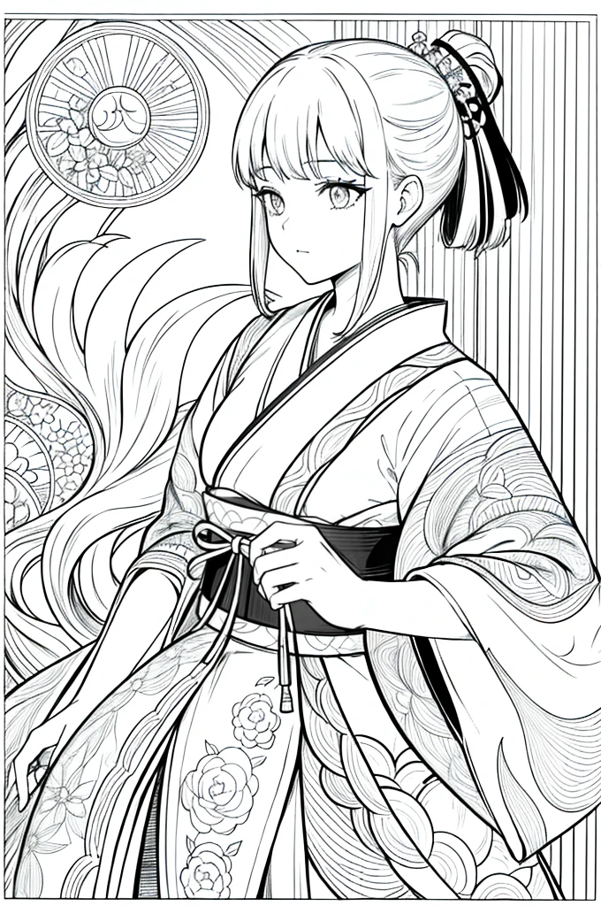 As a coloring book, the color should be black and white, the border should be simple, clear, and bold. [Girl with a ponytail] wearing a [kimono with fox pattern] practicing [kendo] in a [dojo], with [hair ties decorated with fox charms]
