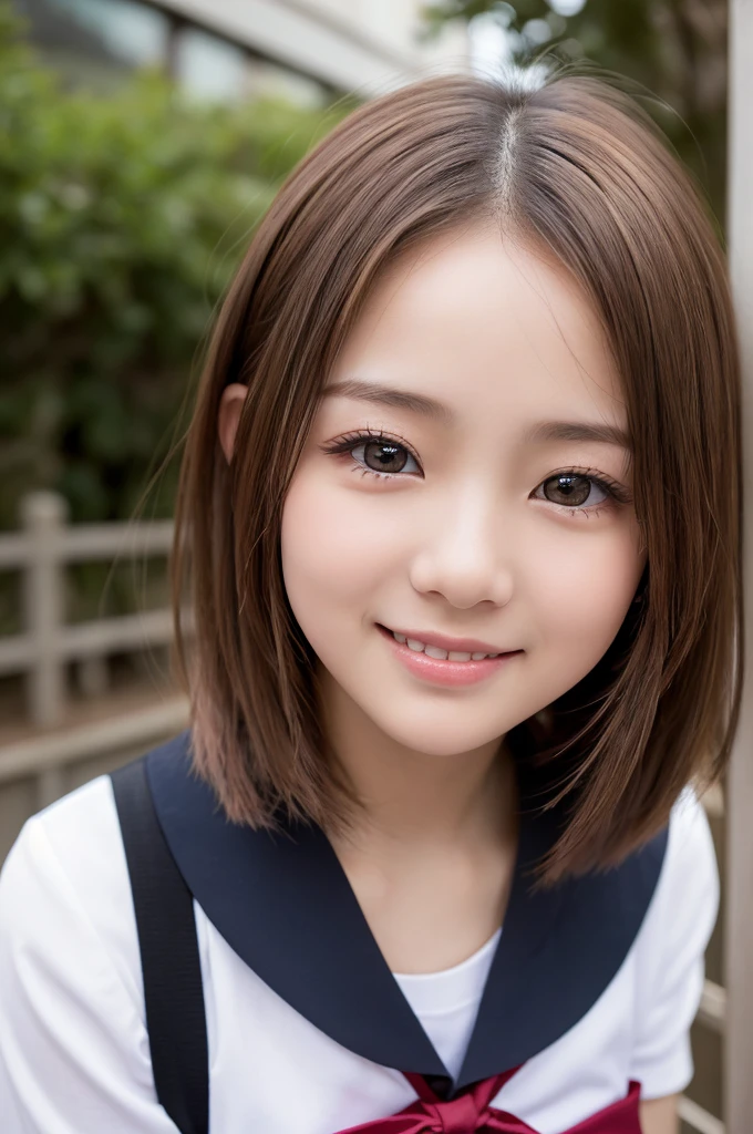 (1 Girl )、(Beautiful Japanese、20years old,round face、Refreshing、clear、seems kind、stylish、Pitiful、cute like an angel、cute、black eyes、,Almond-shaped eyes,(Single eyelid:1.6)、Beautiful skin), {(Japan human face:1.4),,(General facial features)} , (Beautiful breasts:0.4),(short hair),(enchanting eyes),(highlight on eyes:1.2)、(8K、Live shooting、highest quality、masterpiece:1.2、optimal lighting)、((masterpiece)),(Photo taken by a professional photographer),(real、photo real:1.4),BREAK,{(cute Japanese high school sailor uniform),((traditional Sailor Suit:1.0))},(cheeks are red:1.3), BREAK, BREAK,Face shot:1.3、 face close-up:1.2,Looking at viewer,lovely smile,、Japan、from above