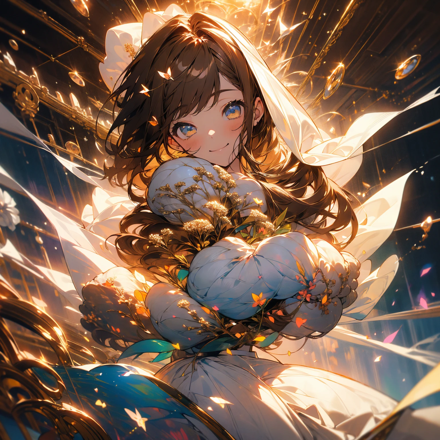 (Beautiful and aesthetic:1.2)、(1 Girl:1.3)、(Brown color hair:1.2)、Wearing a wedding dress、Gypsophila、miracle、happinessそうなsmile、smile、happiness、Gypsophilaが咲き誇る、Fantastic space