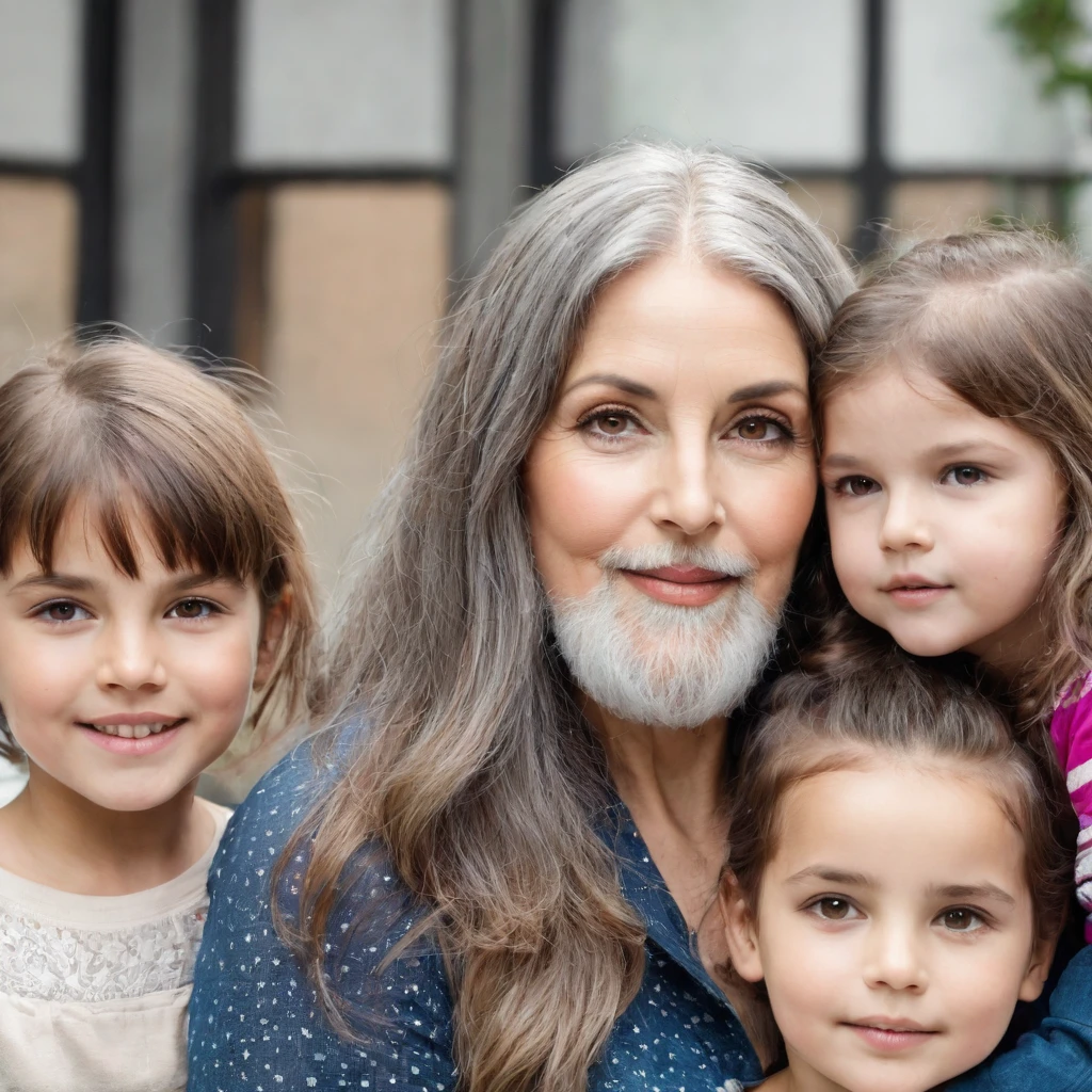 woman with a big gray beard, brown bob hair, hazel eyes, large rounded nose, with children