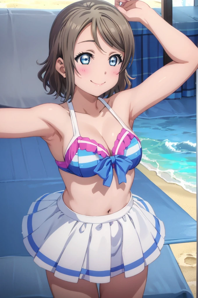 (((pixel-perfect, detail-perfect))), solo, 1girl, you watanabe, eyes azzur, smile, bikini, summer beach, armpit, big filesize, ultra High Qality