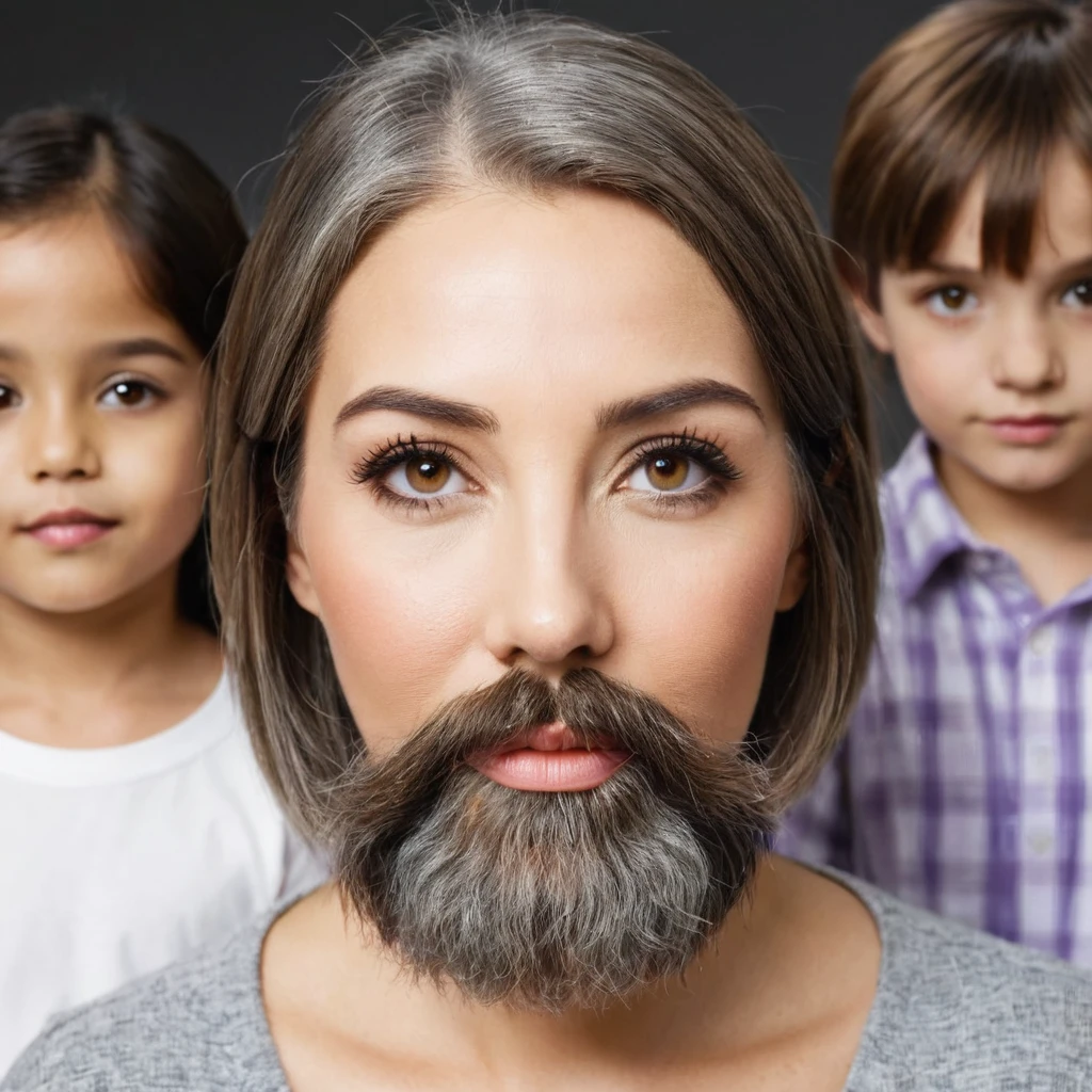 
woman with a big gray beard, brown bob hair, hazel eyes, large rounded nose, with children