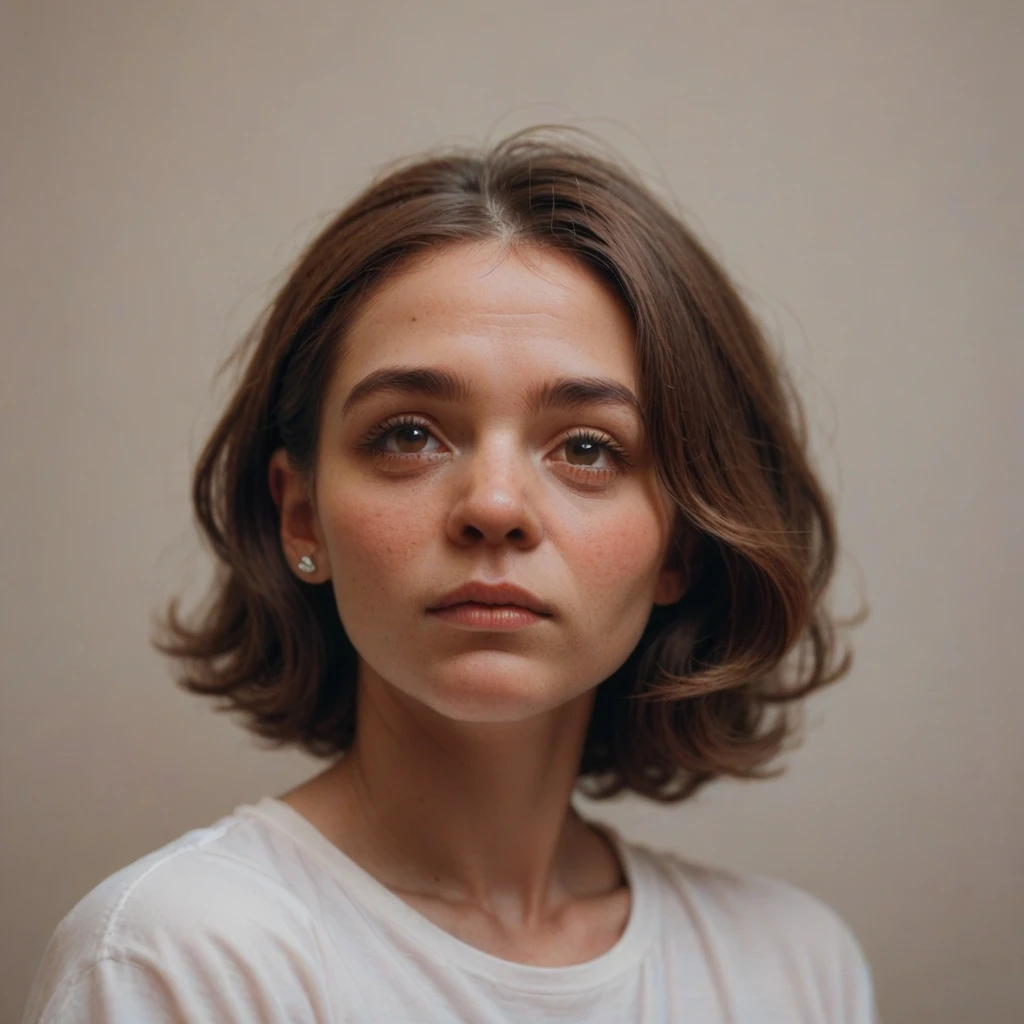 woman with a big gray beard, brown bob hair, hazel eyes, large rounded nose, with children
