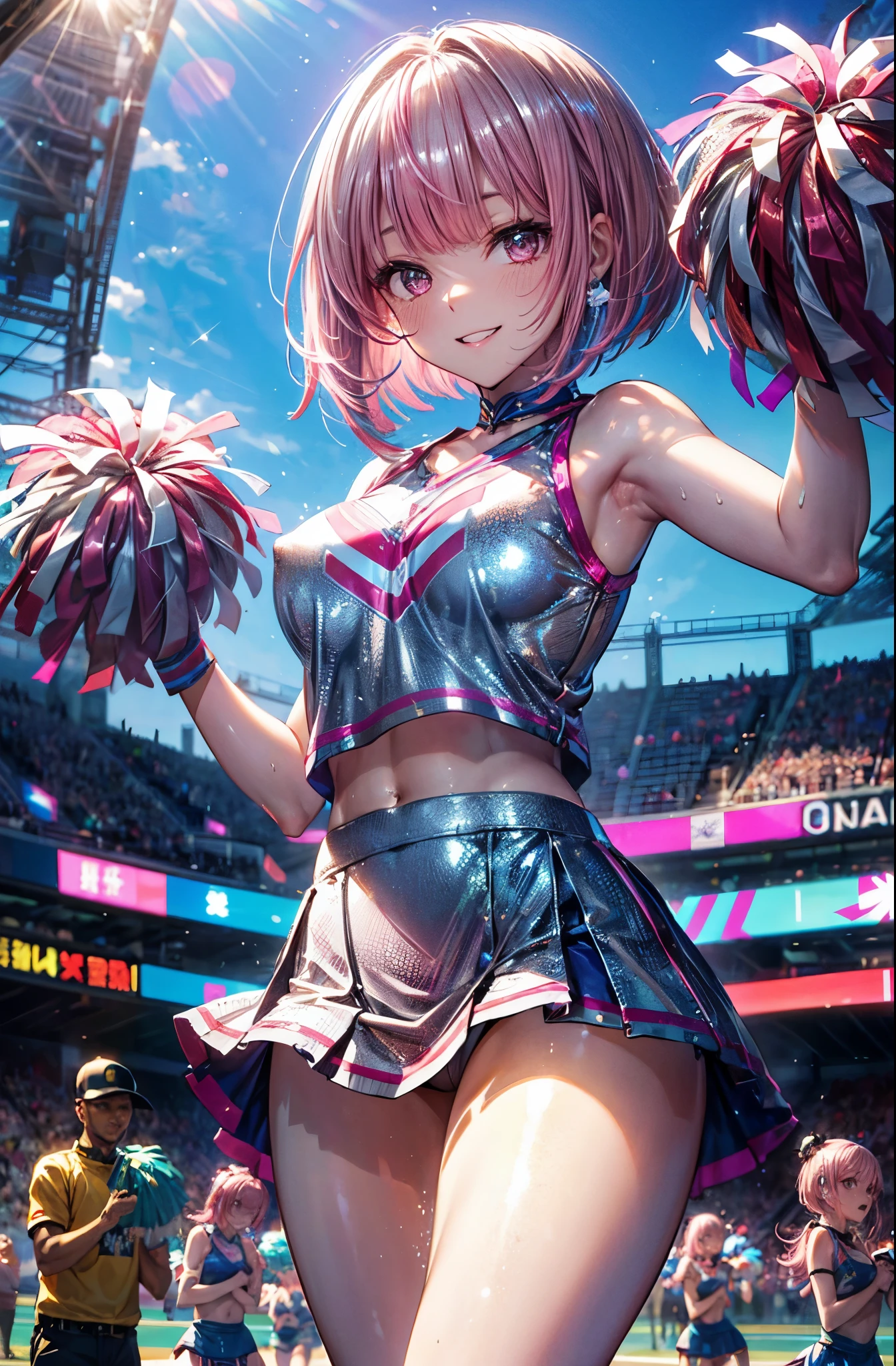 ((wearing cheerleader outfit a silver_color)), (mini skirt), skinny, 4 defined fingers, 1 defined thumb, looking at viewer, solo, 1 woman, 25 years old, AI generated, highest quality, masterpiece, ?????????????, perfect face, 8k , Dynamic Pose, (short hair), (pink hair:1.5), bob cut, black eye, ((smile)), ((thin thighs)), ??????????????, perfect limbs, ????, (visible ???????:0.9), (?????????:0.3), ((The costume is metallic, shiny and lustrous)), facing straight at viewer, (standing), ???? pose, ((holding pom poms)), Bright outdoor park during daytime,