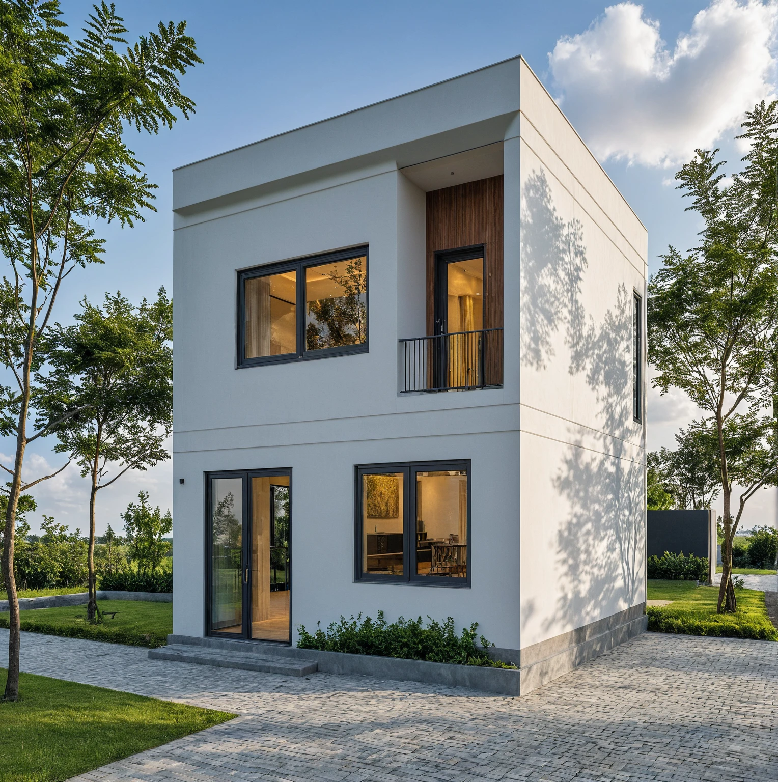 Masterpiece, high quality, best quality, authentic, super detail, outdoors, onestoreyvillaXL, aiaigroup, house style modern on the street ,stairs, white wall ,road,pavement, grass, trees, sky, cloud, (daylight:1.1)