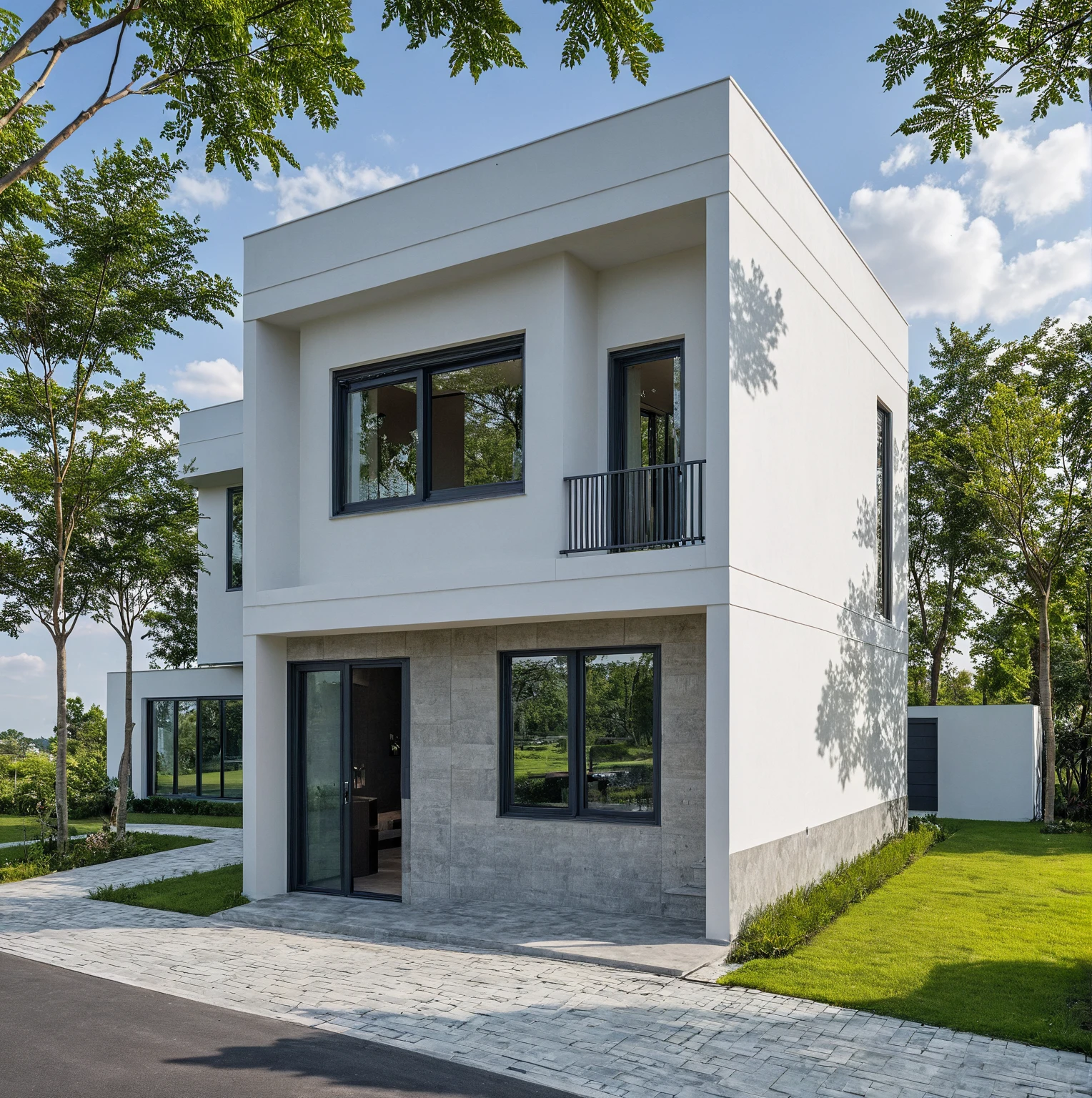 Masterpiece, high quality, best quality, authentic, super detail, outdoors, onestoreyvillaXL, aiaigroup, house style modern on the street ,stairs, white wall ,road,pavement, grass, trees, sky, cloud, (daylight:1.1)
